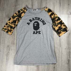 Mens A Bathing Ape College Logo Raglan T-Shirt with Camo Sleeves XS
